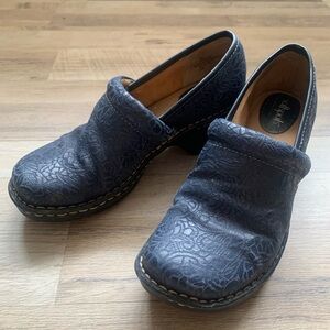 Dansko Navy Embossed Slip-On Clogs with Floral Pattern